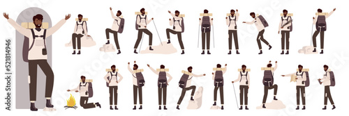 Cartoon man holding map, backpack and hike sticks trekking, climbing on nature rocks, hiker pointing. African american black male tourist character in side, front and back view set vector illustration photo