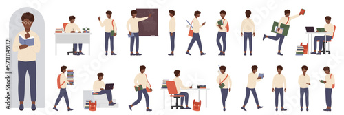 Cartoon smart funny nerd teenage with glasses reading paper books, serious joyful genius student standing at blackboard. African american black Boy pupil character learning set vector illustration