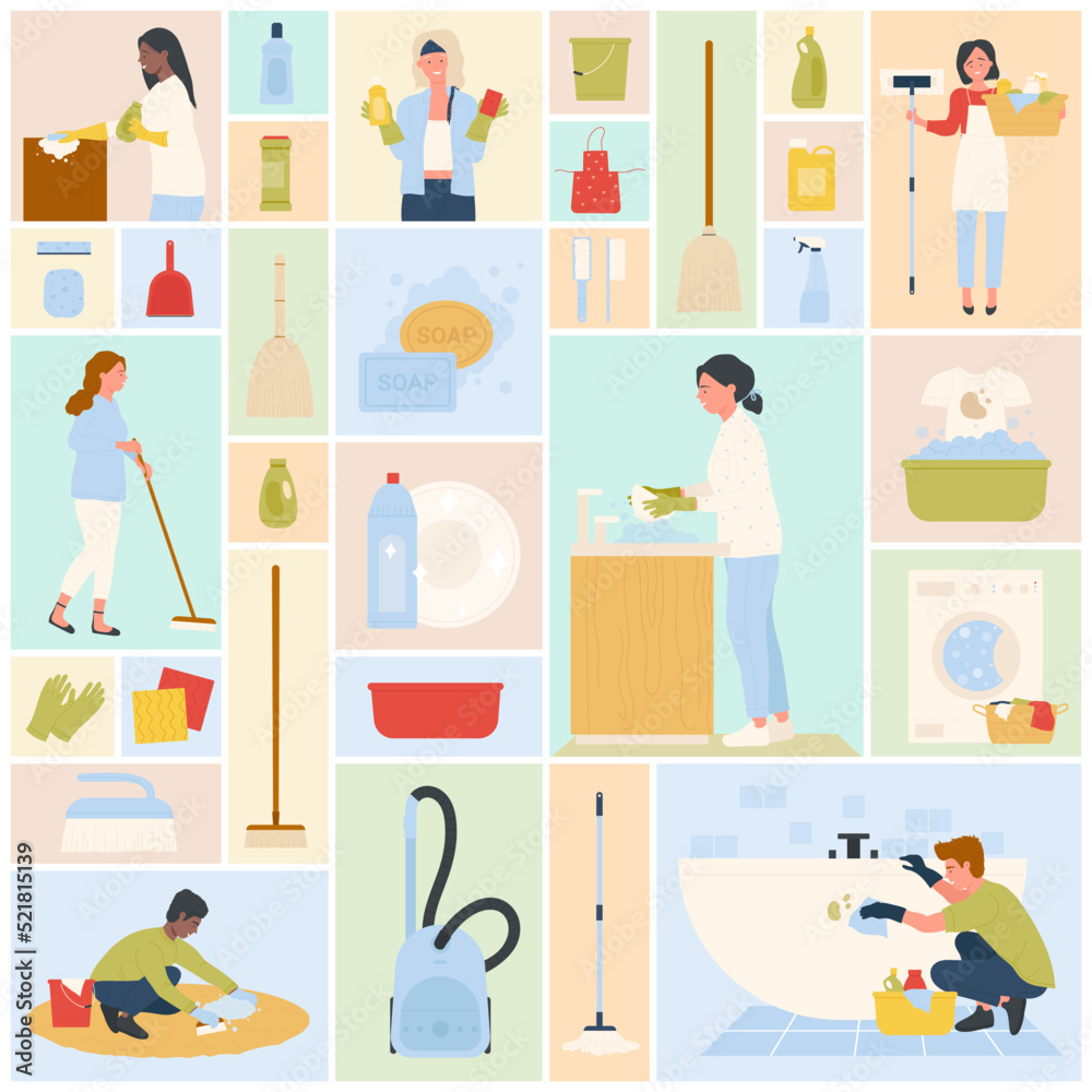 Housekeeping professional staff, tools and equipment set vector illustration. Cartoon worker characters sweeping and washing home in square collage background. Cleanup, service, housework concept Housekeeping professional staff, tools and equipment set vector illustration. Cartoon worker characters sweeping and washing home in square collage background. Cleanup, service, housework concept