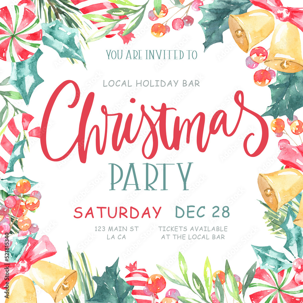 Obraz premium Christmas Party poster design Watercolor illustration, white flyer printable art. Christmas greenery frame,colorful, candy,bells, cartoon, New year, Noel, Christmas eve invitation background border