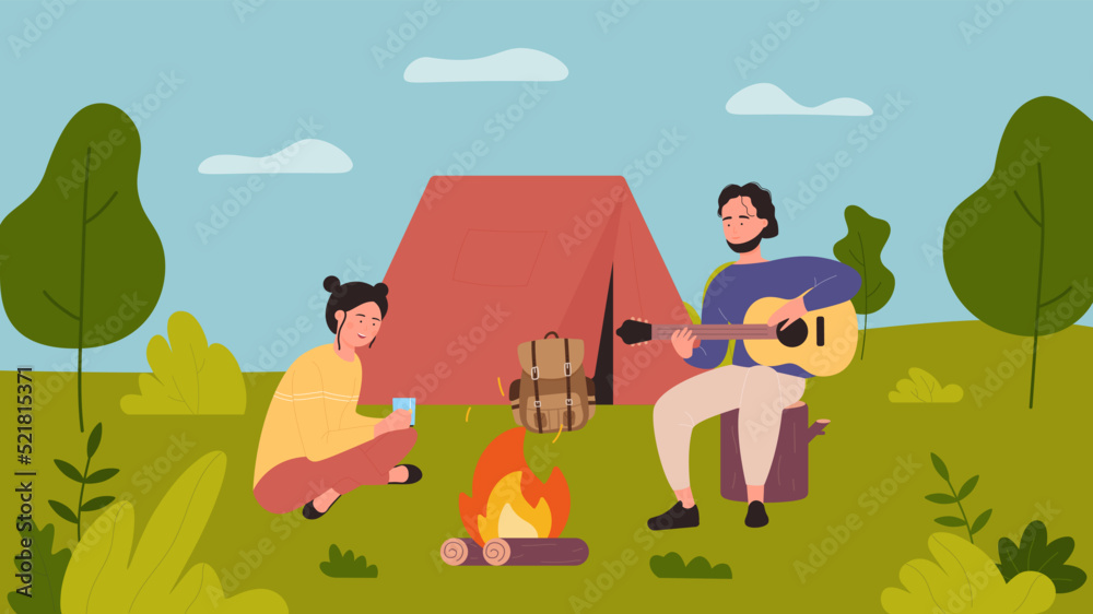 Outdoor camping activity and summer leisure of couple or friends sitting at camp tent and bonfire together vector illustration. Cartoon man playing guitar, woman drinking background. Picnic concept Outdoor camping activity and summer leisure of couple or friends sitting at camp tent and bonfire together vector illustration. Cartoon man playing guitar, woman drinking background. Picnic concept