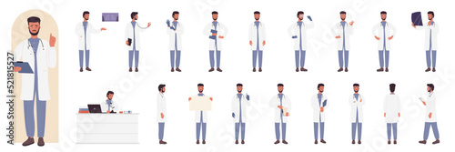Male doctor character in side, front and back view set vector illustration. Cartoon young man wearing medic uniform, happy medical worker standing with stethoscope, syringe isolated on white