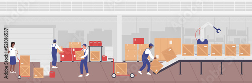 Factory warehouse with workers and manager, industrial inventory infographic vector illustration. Cartoon people sorting, loading boxes on conveyor belt with robot machines in stockroom background