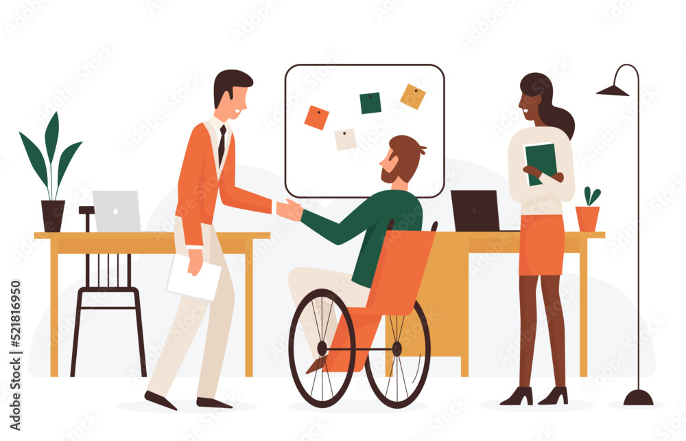 Entrepreneur greeting man with disability on job interview. Cartoon employer shaking hand of hired happy employee sitting in wheelchair flat vector illustration. Employment, vacancy, career concept