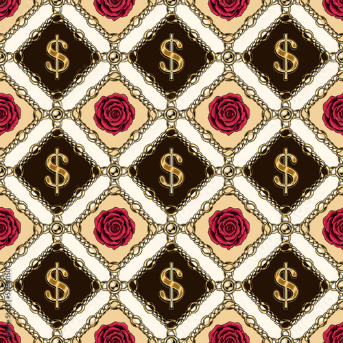 Seamless pattern with gold dollar sign, crimson roses, geometric rhombus grid of gold chains, beads, buttons. Classic vintage background.