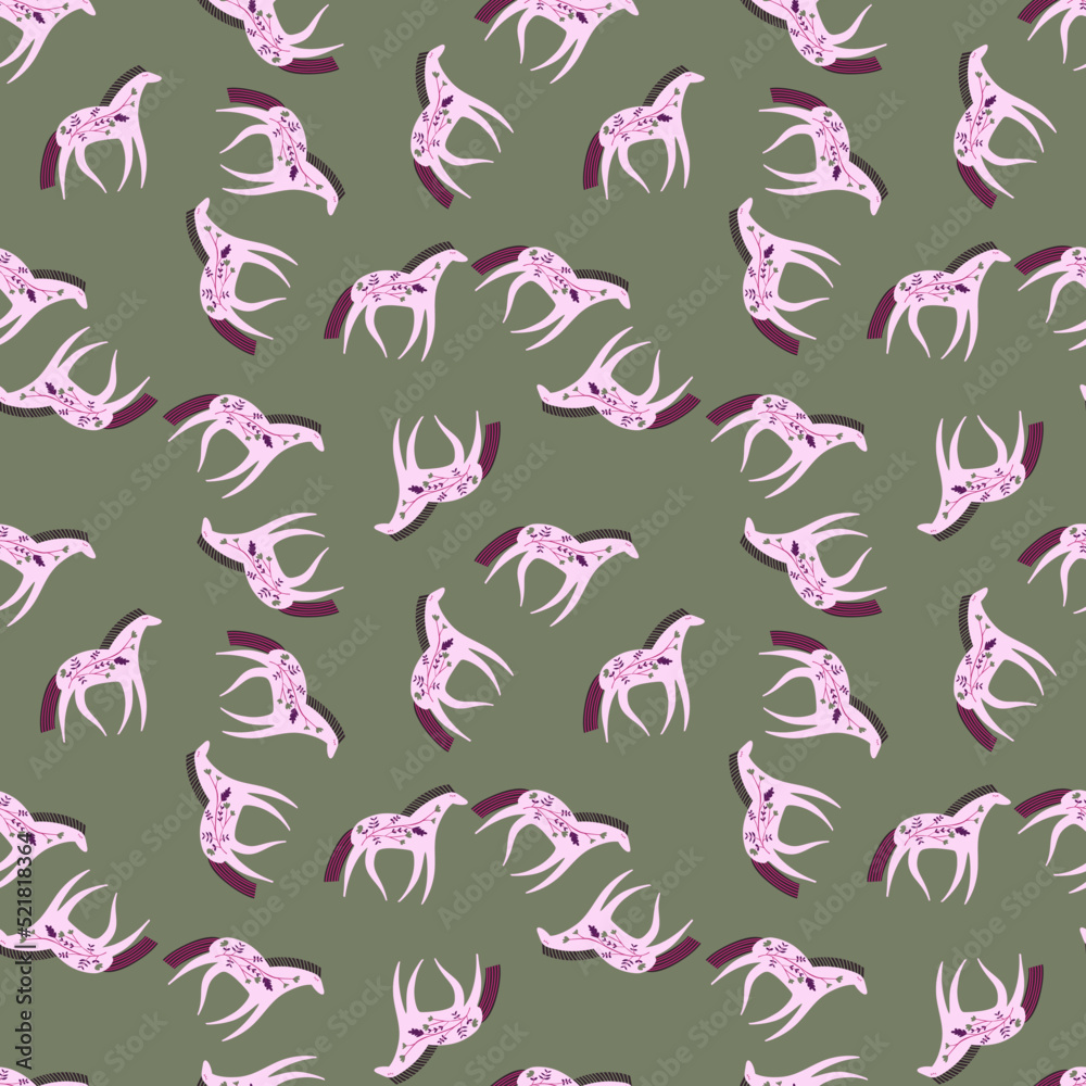 Fototapeta: Hand drawn horse seamless pattern. Cute cartoon wallpaper with  wild flower and stylized animals. #521818364 '