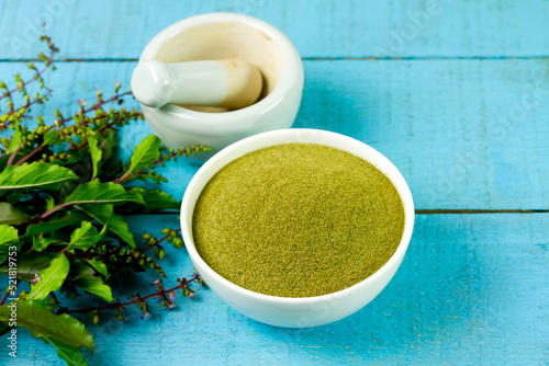 Holy basil powder on white bowl with branch and white mortar and pestle on blue wooden background. Holy basil leaf are useful herbs and food ingredient has a spicy flavor. 