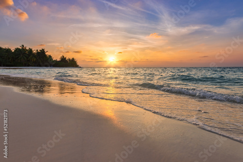 Beautiful closeup calm sea water waves dream sunrise sunset. Tropical island beach landscape, exotic panoramic shore coast. Summer vacation holiday amazing nature. Relax paradise amazing panorama