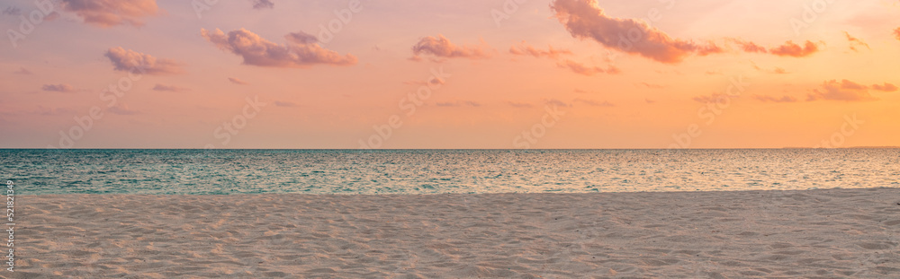 Summer beach panoramic background sea waves, beautiful sunset light, colorful sky clouds. Amazing nature panorama, tropical Mediterranean shore, fantasy sunrise horizon. Holiday vacation concept