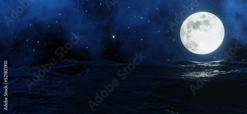The big moon shines behind the sea with stars and clouds in the background. 3D rendering.