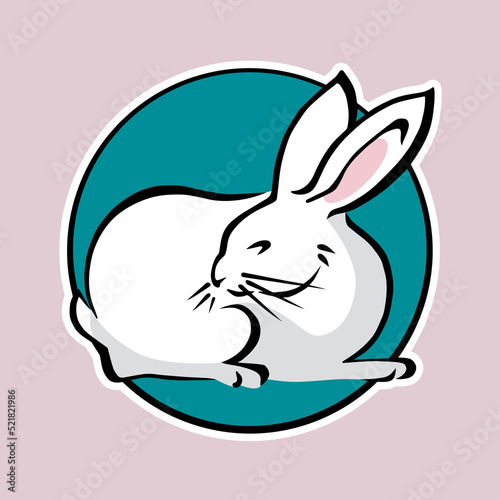 Little pretty white rabbit on the blue circle as sticker, print or pattern for custom clothes or design accessories. Small bunny as wallpaper or poster. Animal sticker for applications or websites.