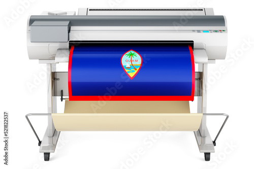 Wide format printer, plotter with Guamanian flag. 3D rendering