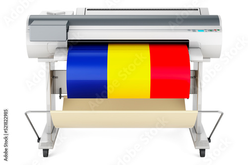 Wide format printer, plotter with Romanian flag. 3D rendering