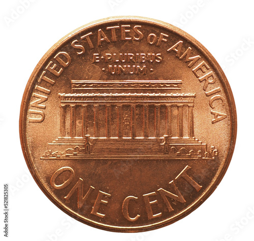 1 cent coin, reverse showing Lincoln memorial, currency of the U