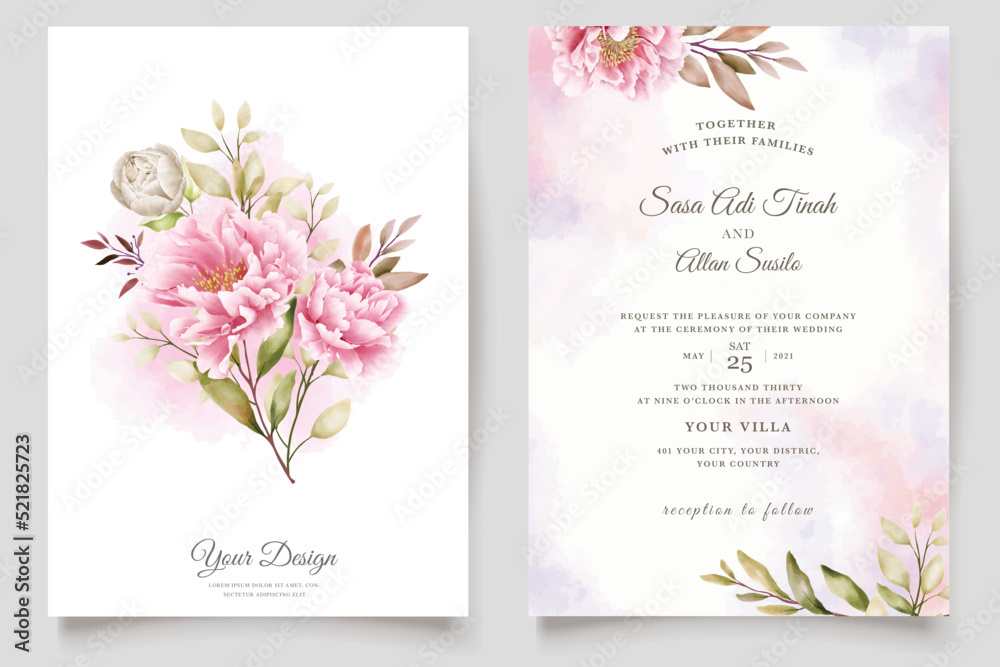 watercolor peony floral background and frame design