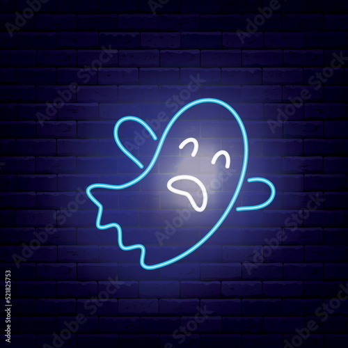 Scary ghost neon icon on brick wall. Happy halloween design. Season october holiday. Shiny sign. Vector illustration