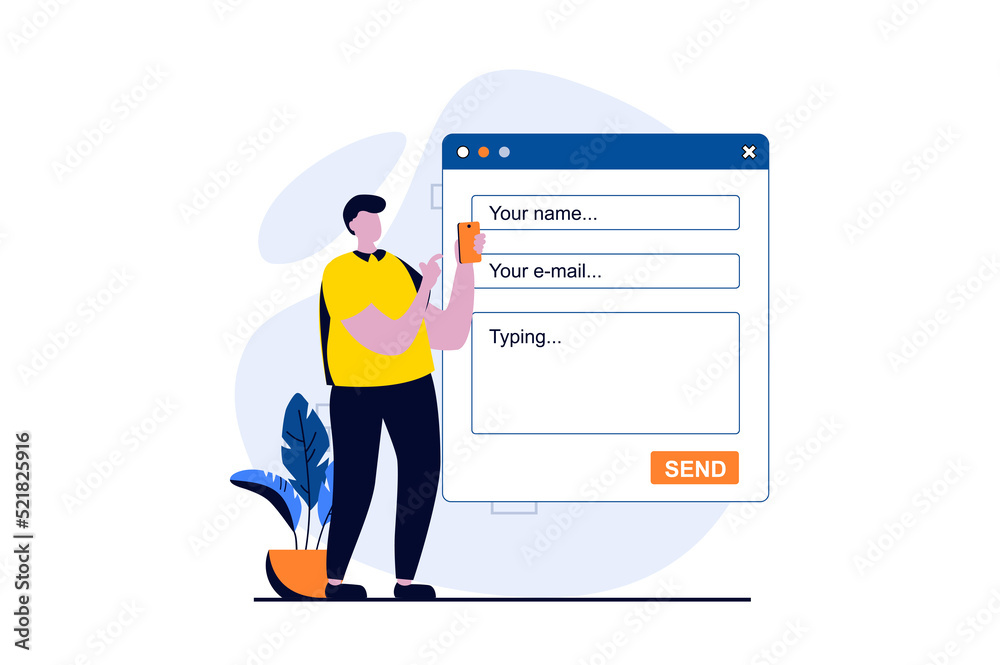 Feedback page concept with people scene in flat cartoon design. Man fills out online contact form and write his comment with experience. Customer satisfaction. Illustration visual story for web