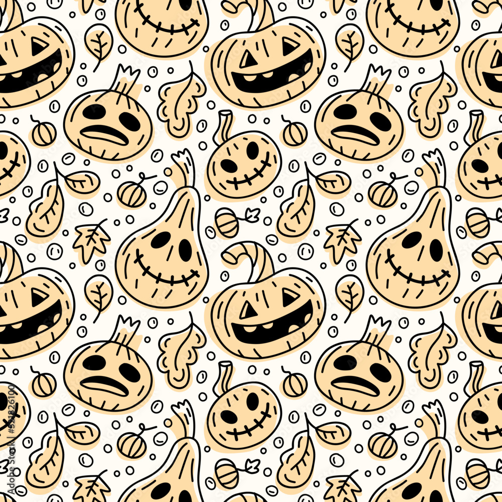 Seamless pattern with funny pumpkins and leaves. Halloween texture for prints, fabrics, backgrounds, web and social media. Surface design. Hand-drawn doodle sketch vector illustration