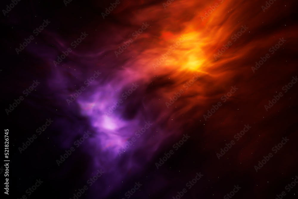 Abstract 3d purple with orange colors fog or swirling smoke and yellow dots on dark background. Magic light effect with vapor and gas. 3d rendering illustration.