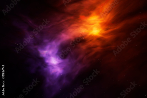 Abstract 3d purple with orange colors fog or swirling smoke and yellow dots on dark background. Magic light effect with vapor and gas. 3d rendering illustration.