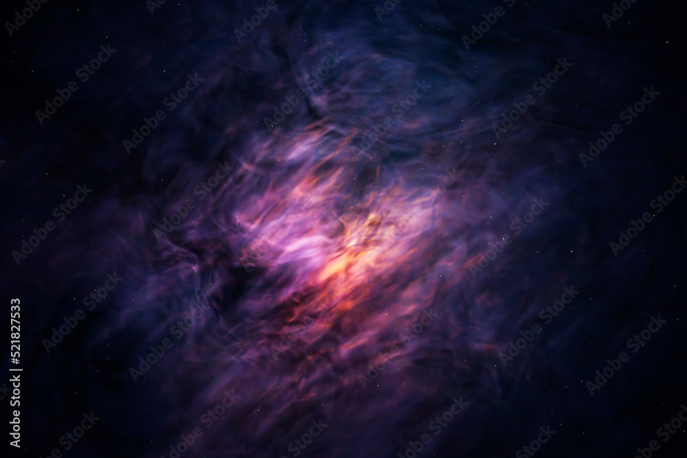 Obraz premium Abstract 3d lilac with yellow colors fog or swirling smoke with yellow dots on dark background. Magic light effect with vapor and gas. 3d rendering illustration.