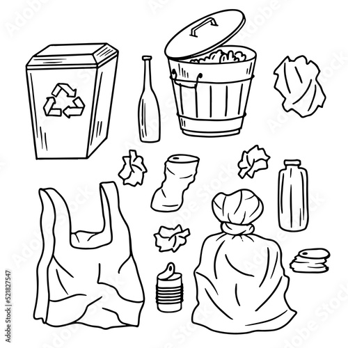 Trash can and garbage in hand drawn doodle style. Vector illustration isolated on white background.