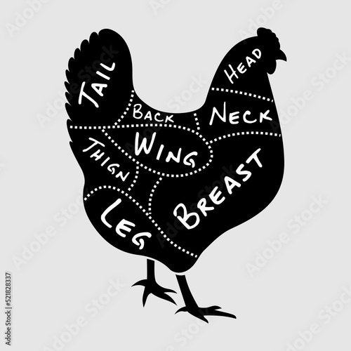 Cuts of Chicken. Butchery diagram with silhouette of Chicken	