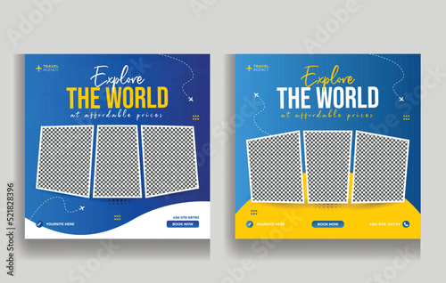 Creative travel agency social media post template. travel promotion web banner with logo.
Travel flyer template for travel agency.