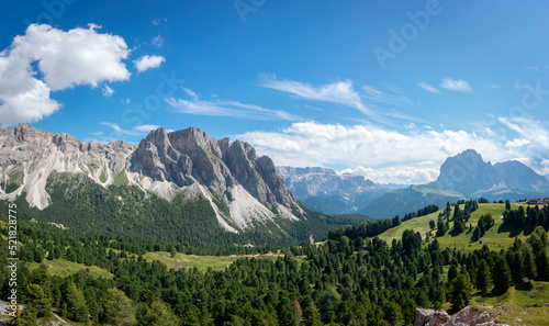 Seceda Mountains in the Dolomites, Trentino Alto Adige, Val di Funes Valley, South Tyrol in Italy, Odle Mountains in the background, Italy.