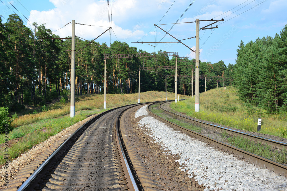 railway in the forest with electric columns along it