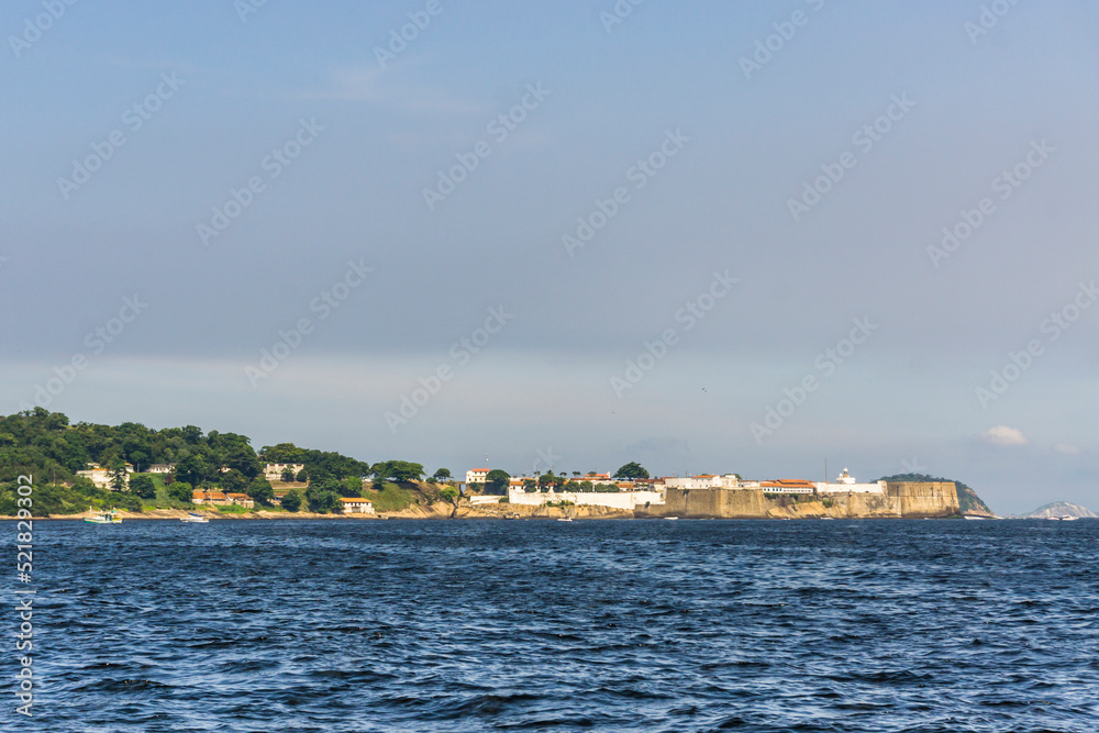 View from the sea of the fortification at entrance of Guanabara Bay, Rio de Janeiro City, State of Rio de Janeiro, Brazil.