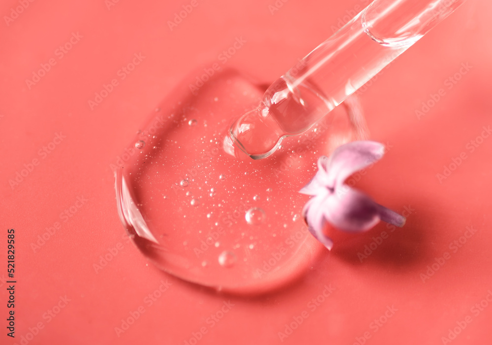 Closeup of pipette with serum, oil, gel with lilac flowers in Petri dish. Skin care, natural beauty products presentation concept. Macro. Romantic floral composition. Front view, high angle shot Closeup of pipette with serum, oil, gel with lilac flowers in Petri dish. Skin care, natural beauty products presentation concept. Macro. Romantic floral composition. Front view, high angle shot