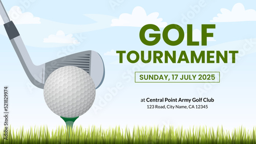 Golf Tournament or Team Competition Event Invitation Banner Design with Golf Ball and Stick on Green Putter Field Background