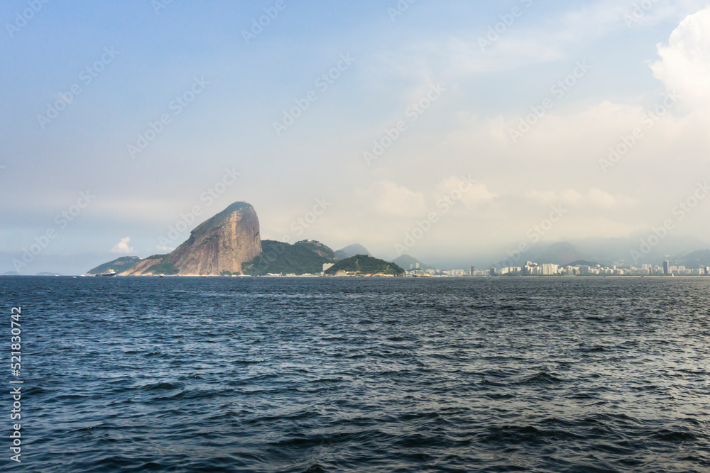 View from the sea of the Sugar Loaf and part of Botafogo neighborhood at Rio de Janeiro City, State of Rio de Janeiro, Brazil.