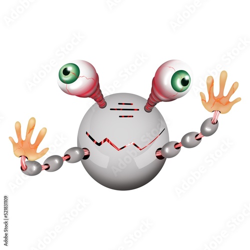 Friendly positive cute cartoon gray robot with smiling face waving its hands. 3d render isolated on white backdrop