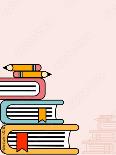 set of books stacked on top of each other, with a couple of pencils on top