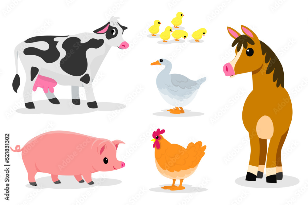 Fototapeta premium Cute animals in ranch, Farm and agriculture. illustrations of village life and objects Design for banner, layout, annual report, web, flyer, brochure, ad.
