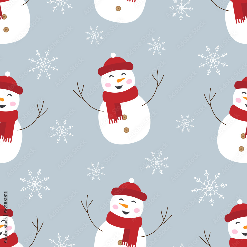 Vector seamless Christmas background with snowmans in red hats and scarfs and snowflakes