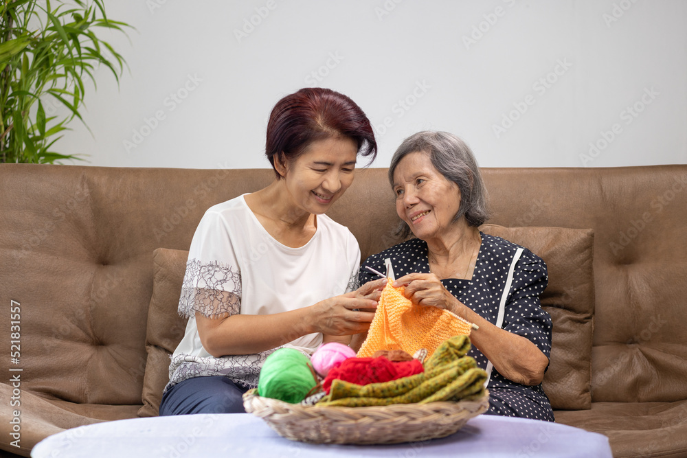 Elderly woman and daughter knitting together for protect dementia and memory loss.