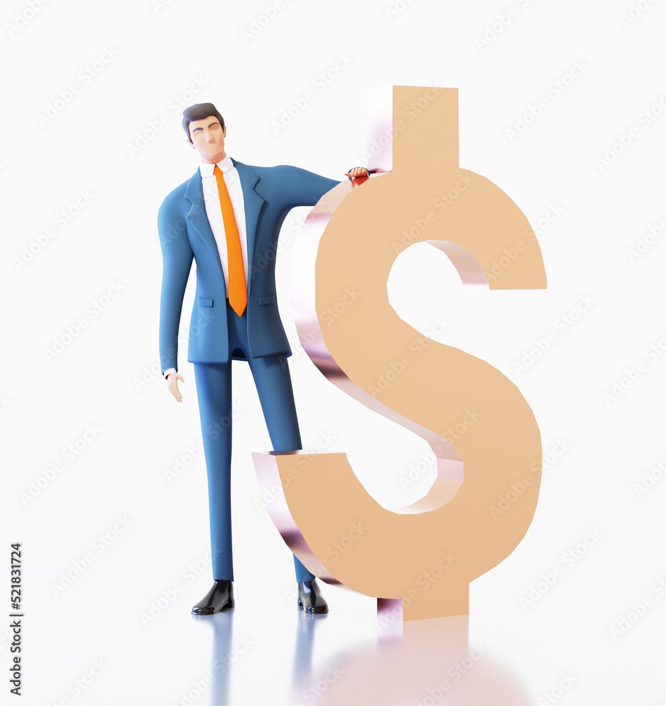 Successful businessman banker stays next to golden dollar sing. Banking, investment advisory, making money concept. 3D rendering illustration. Successful businessman banker stays next to golden dollar sing. Banking, investment advisory, making money concept. 3D rendering illustration.