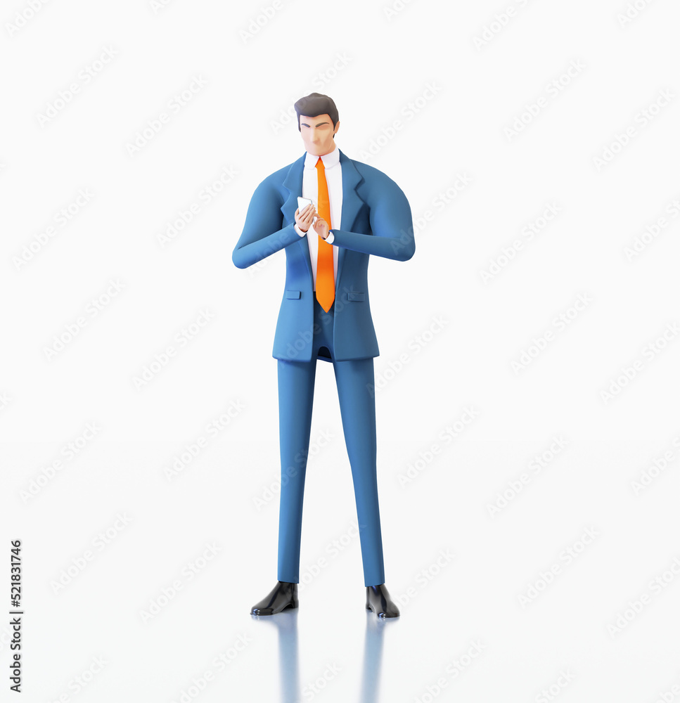 Obraz premium Successful businessman search information on mobile device. Busy person, professional, help, support, advisory concept 3D rendering illustration. 
