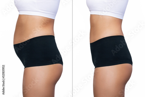 Two shots of young woman in profile with a belly with excess fat and toned slim stomach with abs before and after losing weight isolated on a white background. Result of diet, liposuction, training