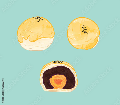 Whole and sliced yellow round yolk pastry in flat vector illustration