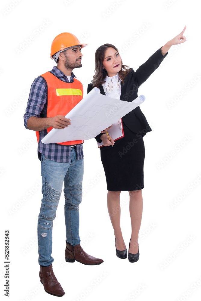 Fototapeta premium Asian engineer and business woman point finger up on white background,Thailand people,Point for looking building