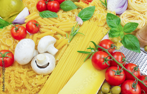 Different types of pasta. Ingredients for making pasta.
