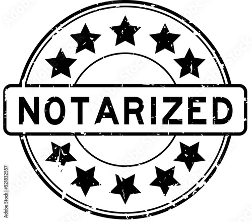Grunge black notarized word with star icon round rubber seal stamp on white background