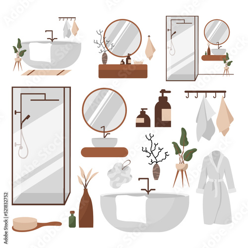 Bathroom. Toilet furniture. Restroom with white enameled bath and washbasin, automatic washer, or laundry baskets. Shelves with toiletries, soft towels. Modern room interior, vector set in flat style