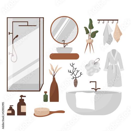 Bathroom. Toilet furniture. Restroom with white enameled bath and washbasin, automatic washer, or laundry baskets. Shelves with toiletries, soft towels. Modern room interior, vector set in flat style