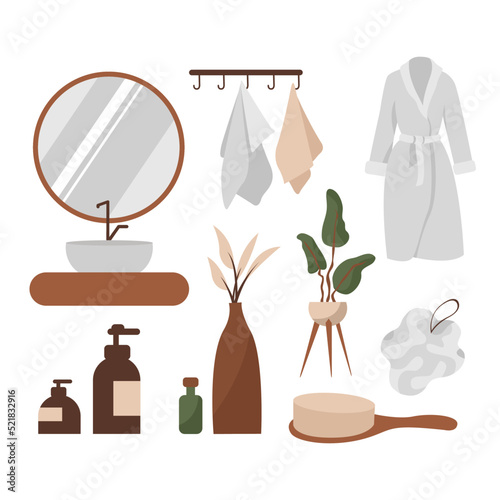 Bathroom. Toilet furniture. Restroom with white enameled bath and washbasin, automatic washer, or laundry baskets. Shelves with toiletries, soft towels. Modern room interior, vector set in flat style