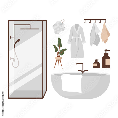 Bathroom. Toilet furniture. Restroom with white enameled bath and washbasin, automatic washer, or laundry baskets. Shelves with toiletries, soft towels. Modern room interior, vector set in flat style